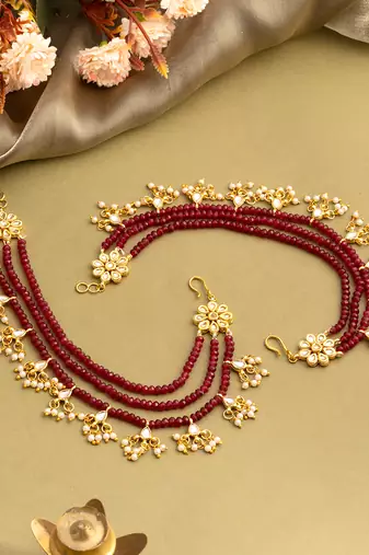 Gold plated kundan red stones chain earrings