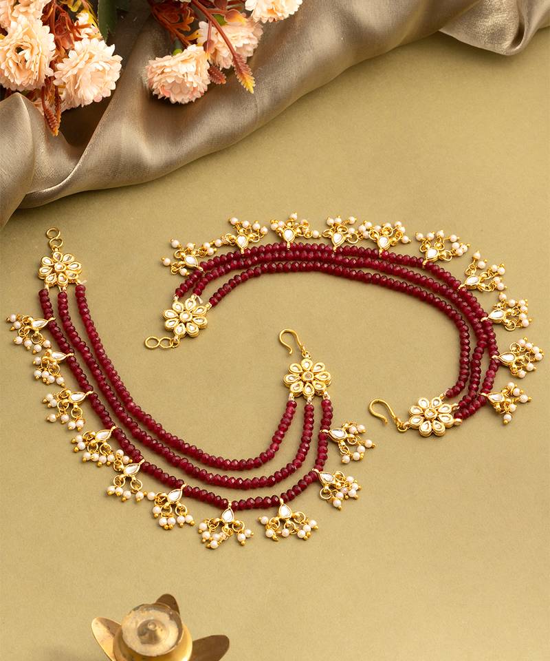 Gold plated kundan red stones chain earrings
