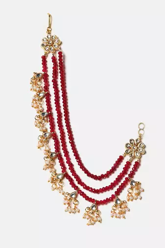Gold plated kundan red stones chain earrings