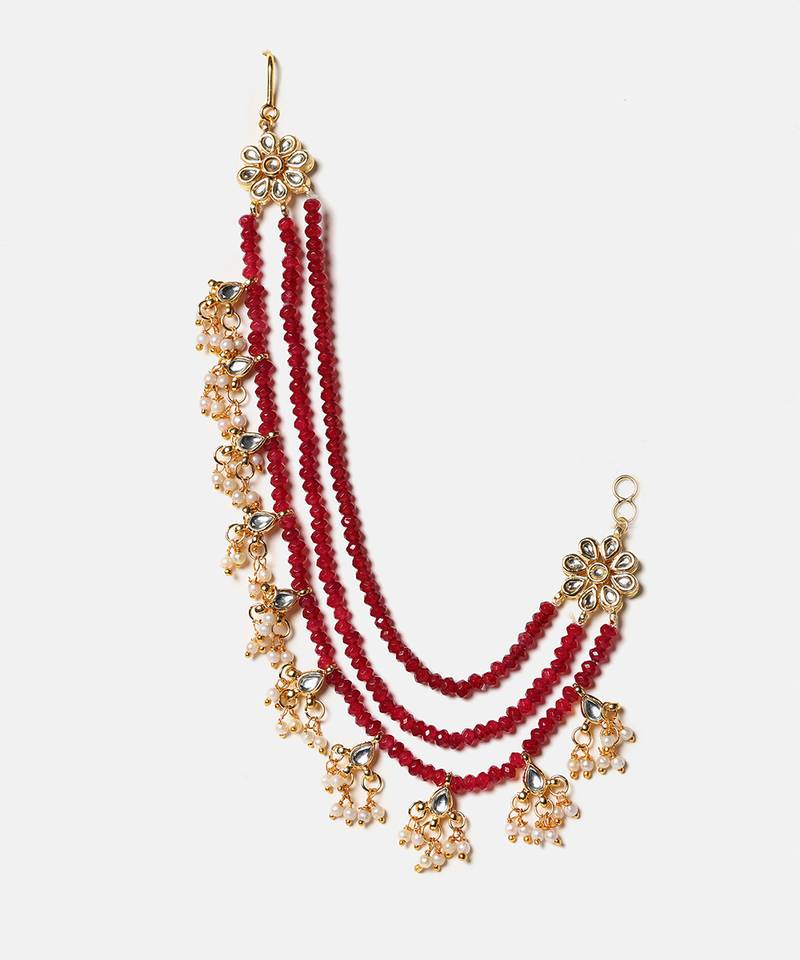 Gold plated kundan red stones chain earrings