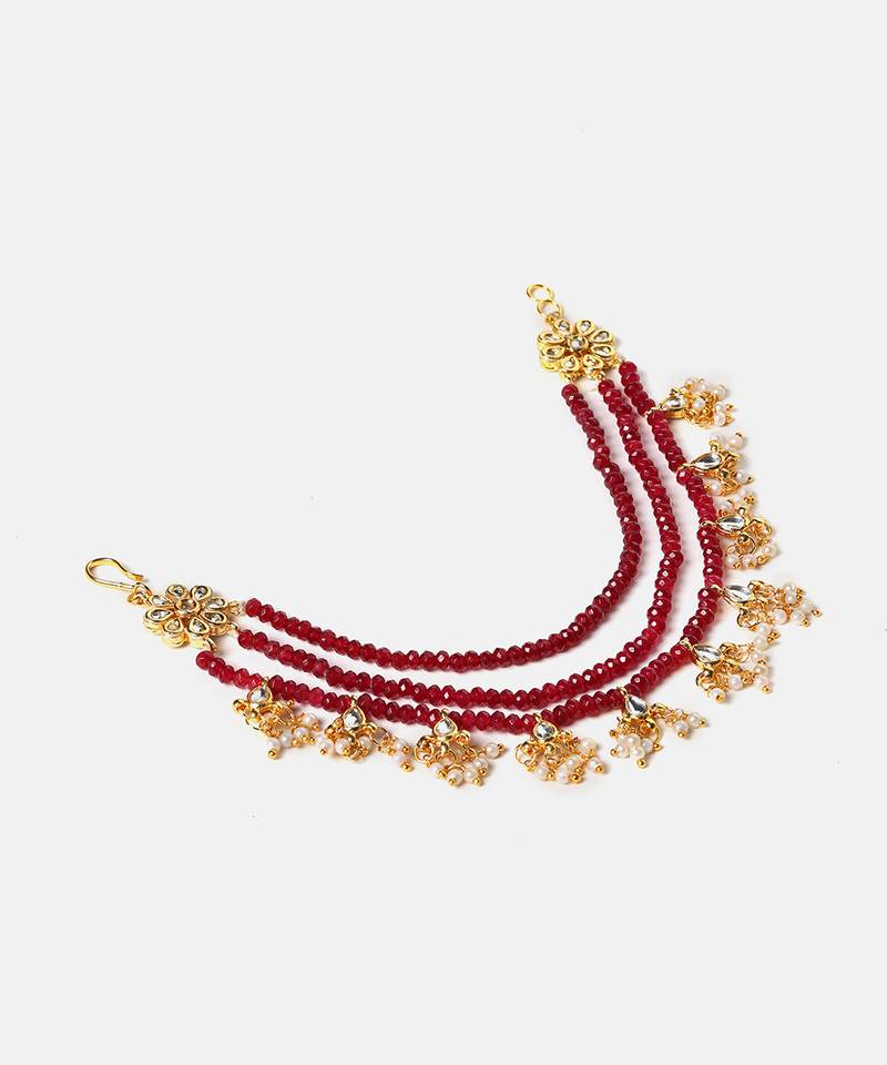 Gold plated kundan red stones chain earrings