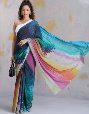 Multicolor printed satin saree with blouse piece 1