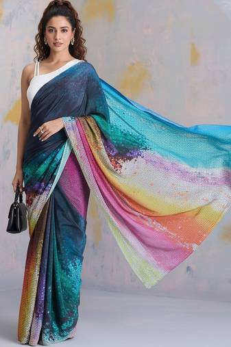 Multicolor printed satin saree with blouse piece