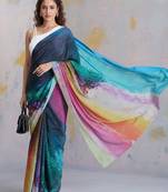 Multicolor printed satin saree with blouse piece