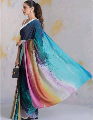 Multicolor printed satin saree with blouse piece 2