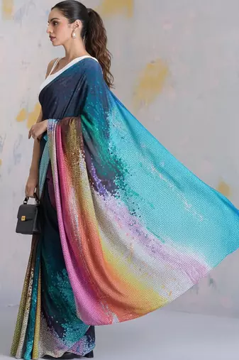 Multicolor printed satin saree with blouse piece