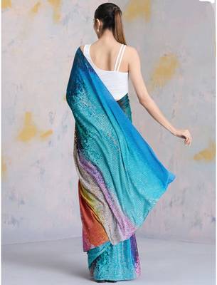 Multicolor printed satin saree with blouse piece 3