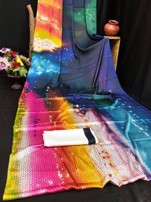 Multicolor printed satin saree with blouse piece 4
