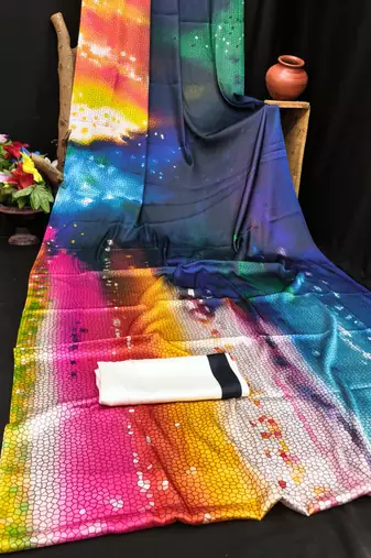 Multicolor printed satin saree with blouse piece