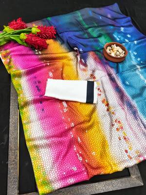 Multicolor printed satin saree with blouse piece 5