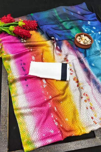 Multicolor printed satin saree with blouse piece
