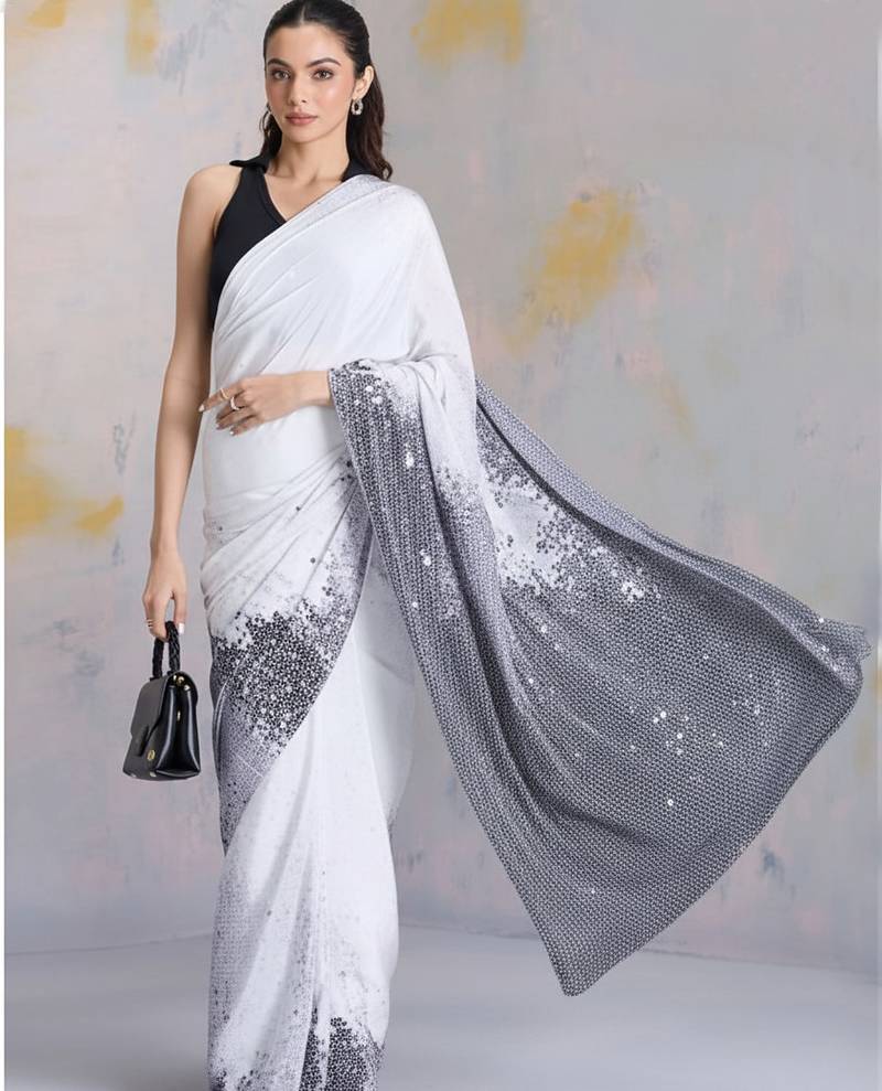 White printed satin saree with blouse piece