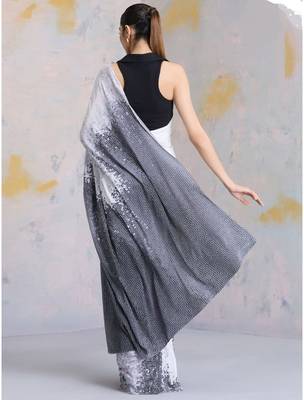 White printed satin saree with blouse piece 2
