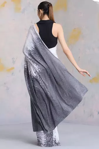 White printed satin saree with blouse piece