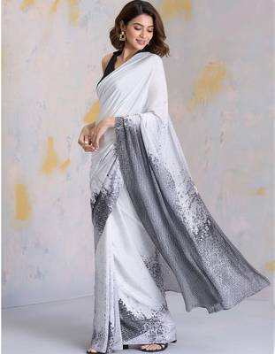White printed satin saree with blouse piece 3