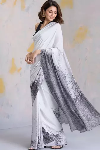 White printed satin saree with blouse piece