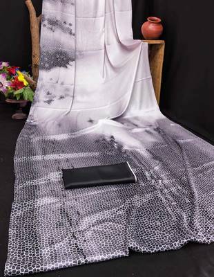 White printed satin saree with blouse piece 4