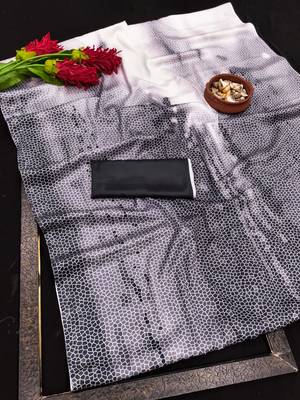 White printed satin saree with blouse piece 5
