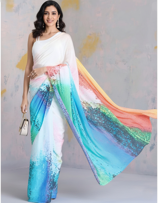 Multicolor printed satin saree with blouse piece 1