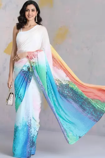 Multicolor printed satin saree with blouse piece