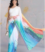 Multicolor printed satin saree with blouse piece