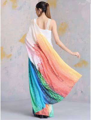 Multicolor printed satin saree with blouse piece 2