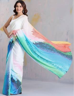 Multicolor printed satin saree with blouse piece 3