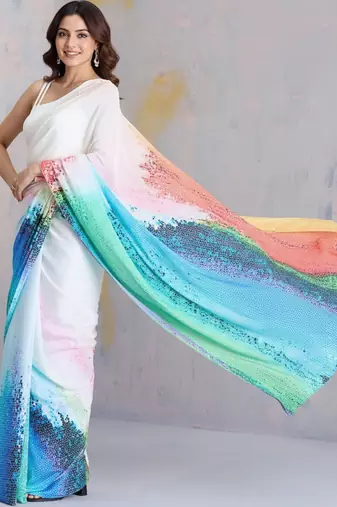 Multicolor printed satin saree with blouse piece