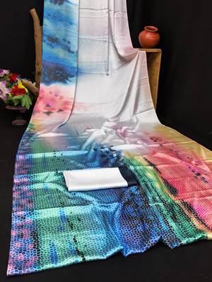 Multicolor printed satin saree with blouse piece 4