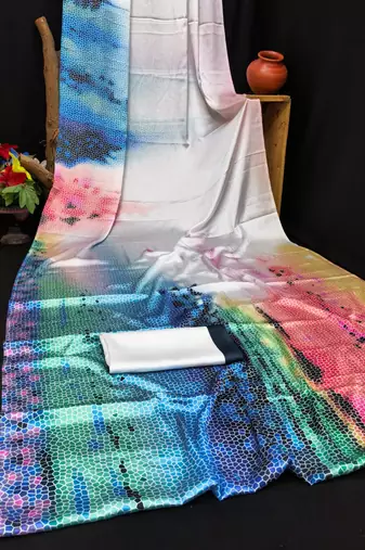 Multicolor printed satin saree with blouse piece