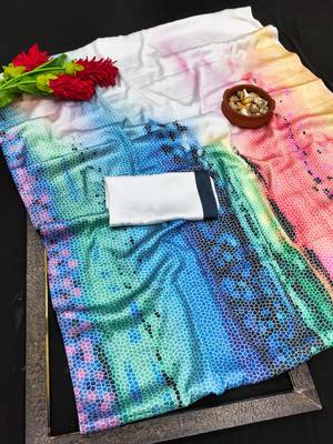 Multicolor printed satin saree with blouse piece 5