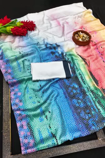 Multicolor printed satin saree with blouse piece