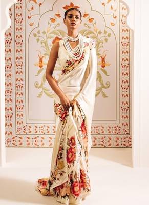 White printed satin saree with blouse piece 1