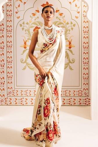 White printed satin saree with blouse piece