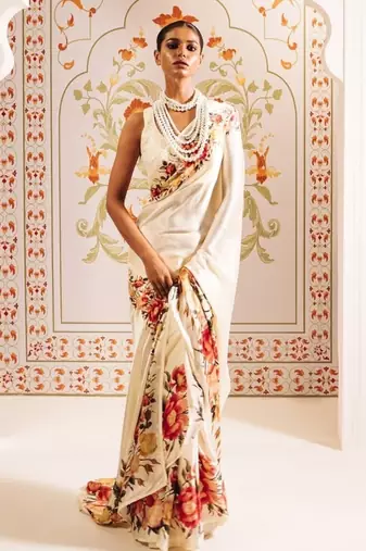 White printed satin saree with blouse piece