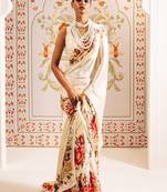 White printed satin saree with blouse piece