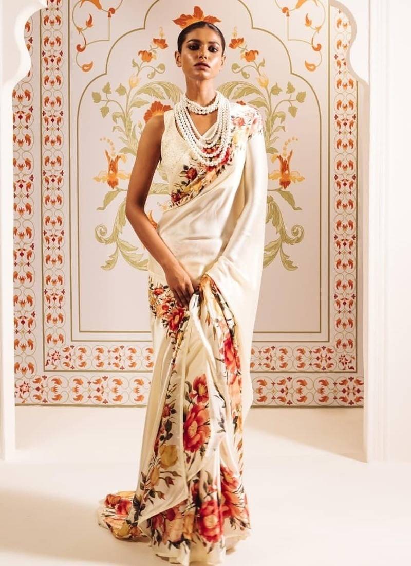 White printed satin saree with blouse piece
