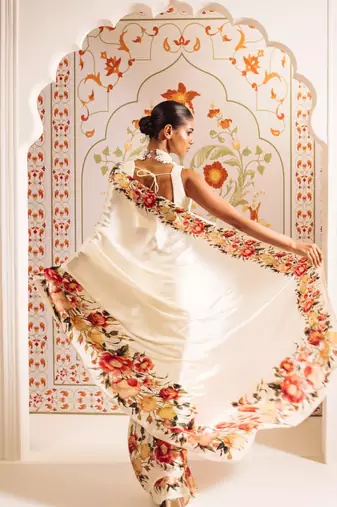 White printed satin saree with blouse piece
