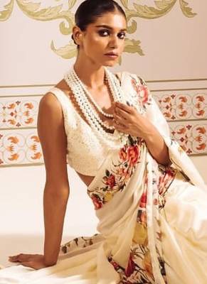 White printed satin saree with blouse piece 3