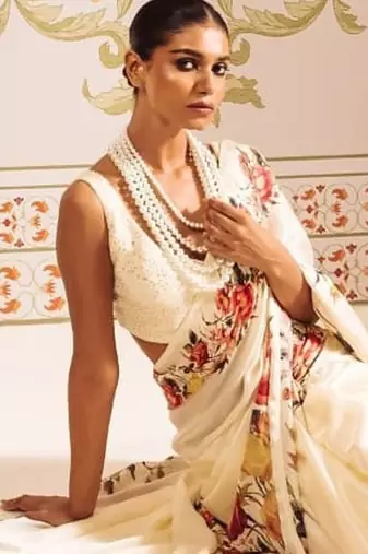 White printed satin saree with blouse piece