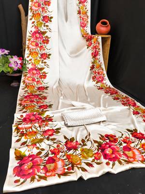 White printed satin saree with blouse piece 4
