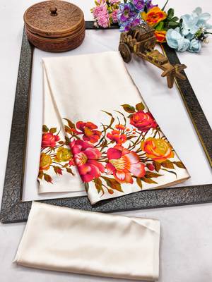 White printed satin saree with blouse piece 5