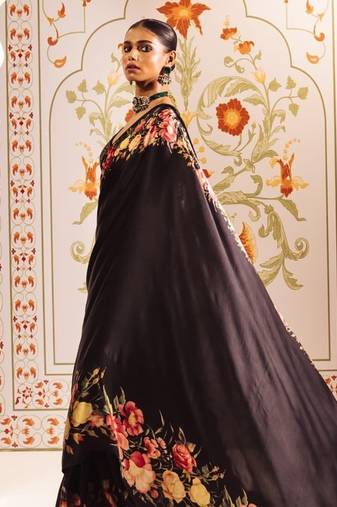 Black printed satin saree with blouse piece