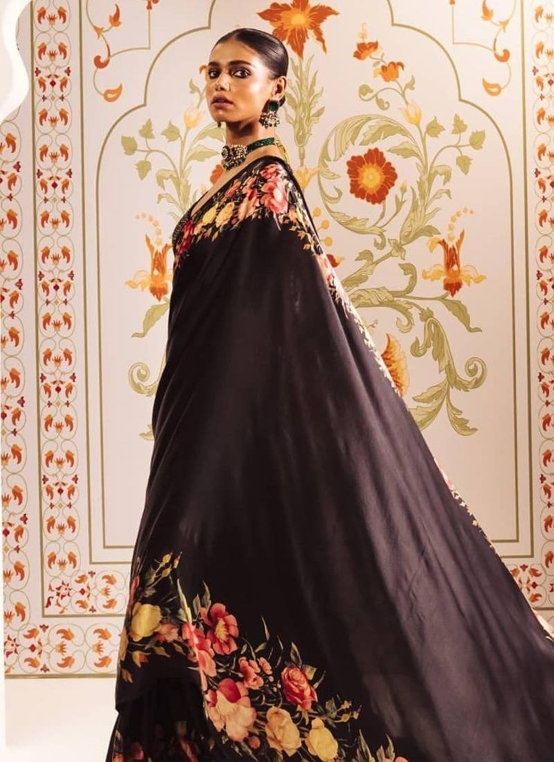 Black printed satin saree with blouse piece
