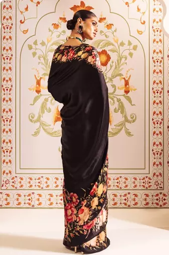 Black printed satin saree with blouse piece