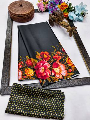 Black printed satin saree with blouse piece 5