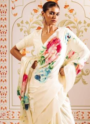 White printed satin saree with blouse piece 2