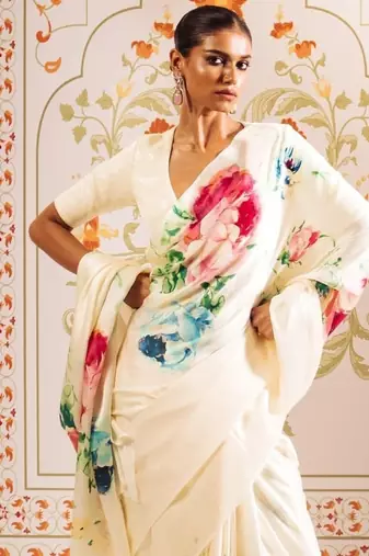White printed satin saree with blouse piece