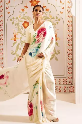 White printed satin saree with blouse piece