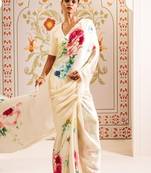 White printed satin saree with blouse piece
